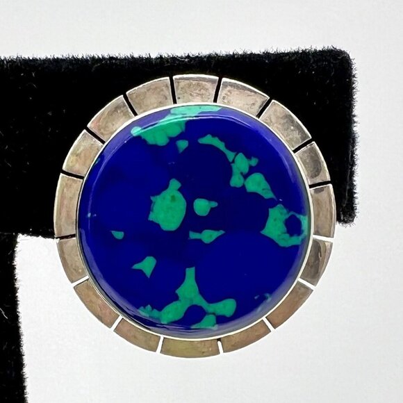 Vintage Azurite Malachite Clip-on Earrings Sterling Silver Southwest Mexico 925 - Picture 3 of 8